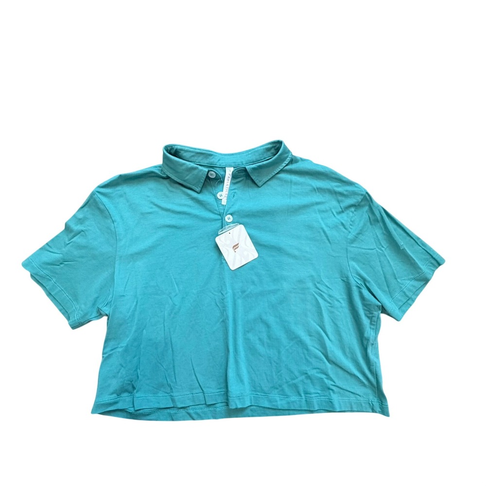 Fabletics Boxy S/S Polo Women Size M Dark Teal Cropped Short Sleeve Shirt NEW